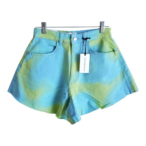 WE WORE WHAT Women's 26 Flare Bell Shorts Frayed Raw Hem Festival Tie Dye Denim - Picture 1 of 9